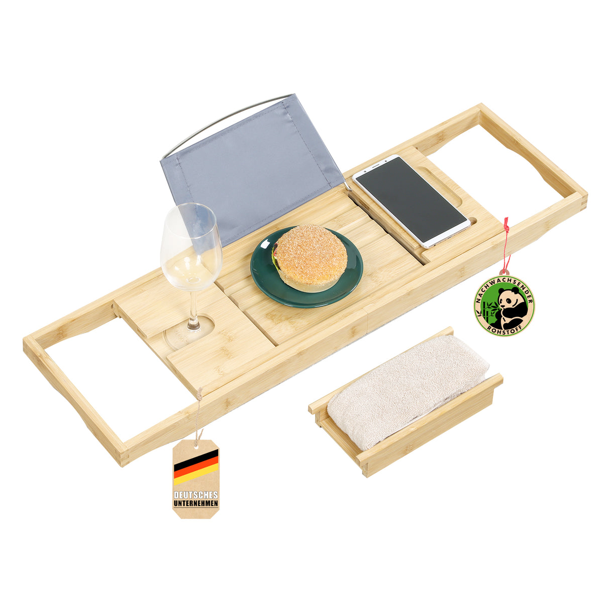 Bambusowa półka wannowa | Oklahoma | Wysuwana taca wannowa z półką na książki