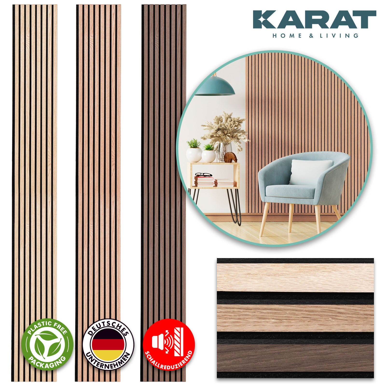 Panele akustyczne o wyglądzie drewna | Ponadczasowy design zapewniający przyjemną akustykę pomieszczenia | Dostępne w 3 wzorach i 2 rozmiarach