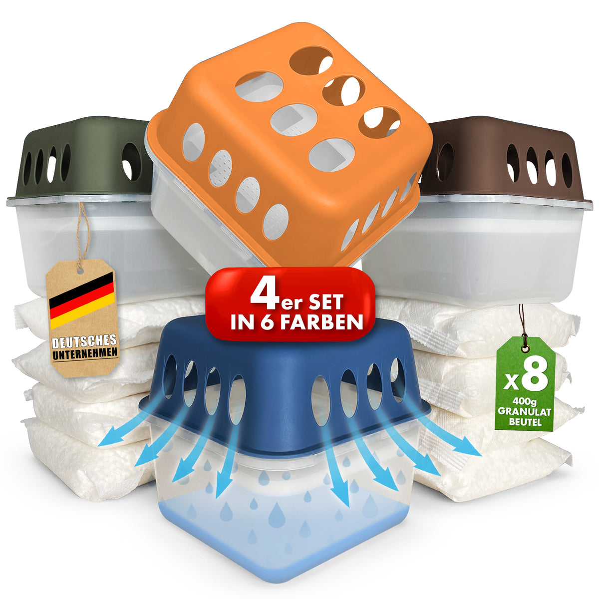 ZESTAW 4 osuszaczy | Osuszacz pokojowy w 6 kolorach i 2 wzorach | Możliwość wielokrotnego napełniania i wielokrotnego użytku