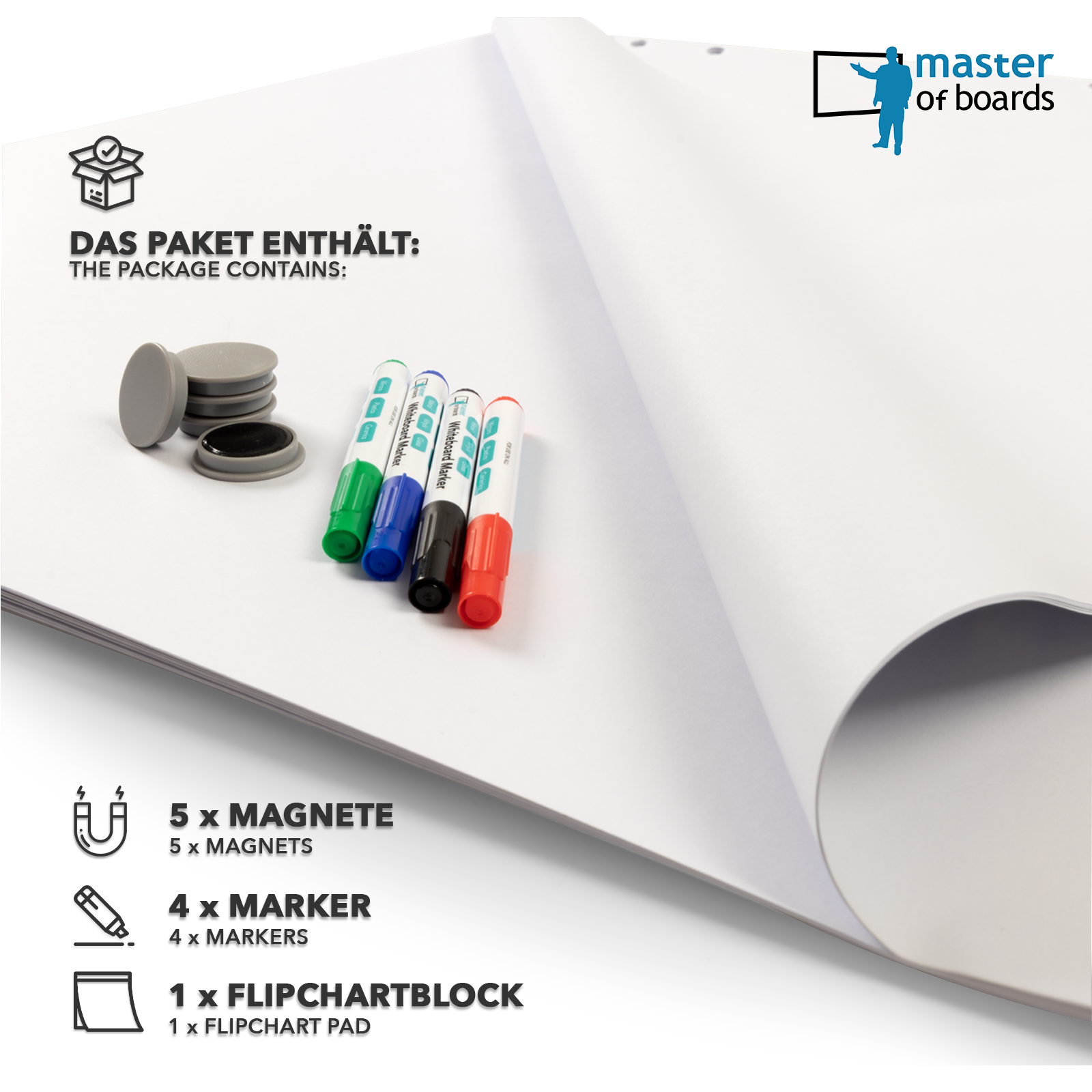 Flipchart Zubehör-Set | Master of Boards | Grundausstattung für Flipcharts | Mit Block, Markern & Magneten