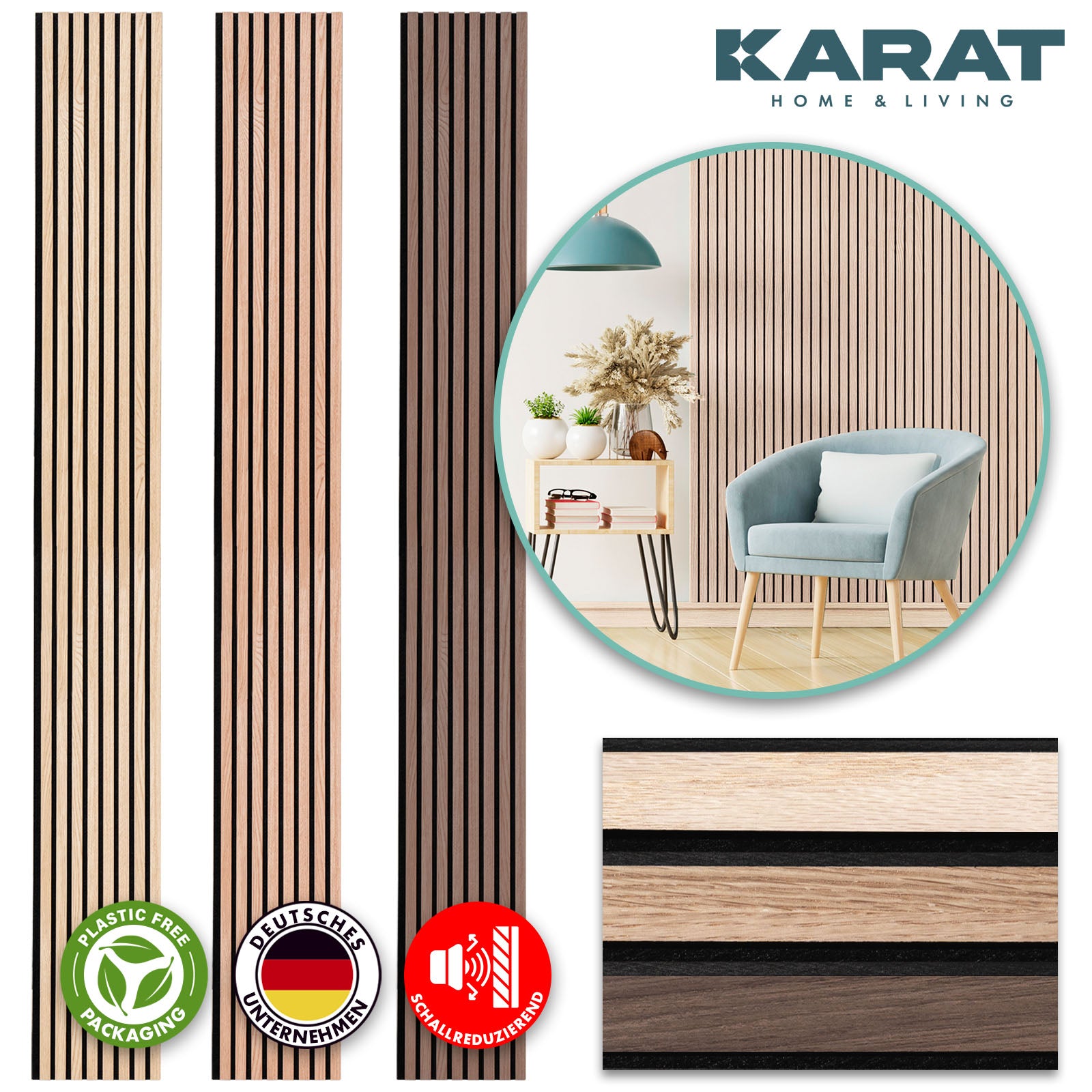 Panele akustyczne o wyglądzie drewna | Ponadczasowy design zapewniający przyjemną akustykę pomieszczenia | Dostępne w 3 wzorach i 2 rozmiarach