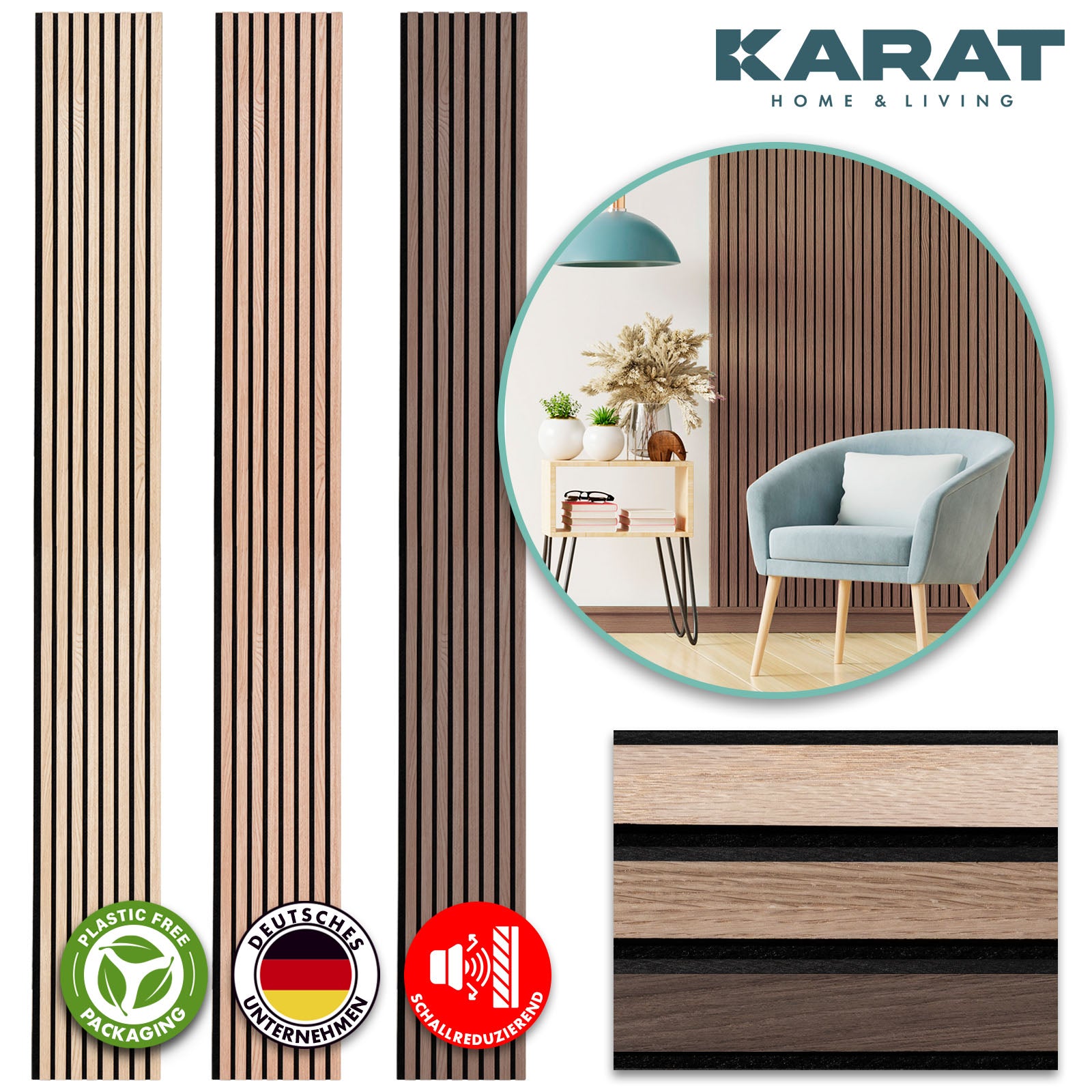 Panele akustyczne o wyglądzie drewna | Ponadczasowy design zapewniający przyjemną akustykę pomieszczenia | Dostępne w 3 wzorach i 2 rozmiarach