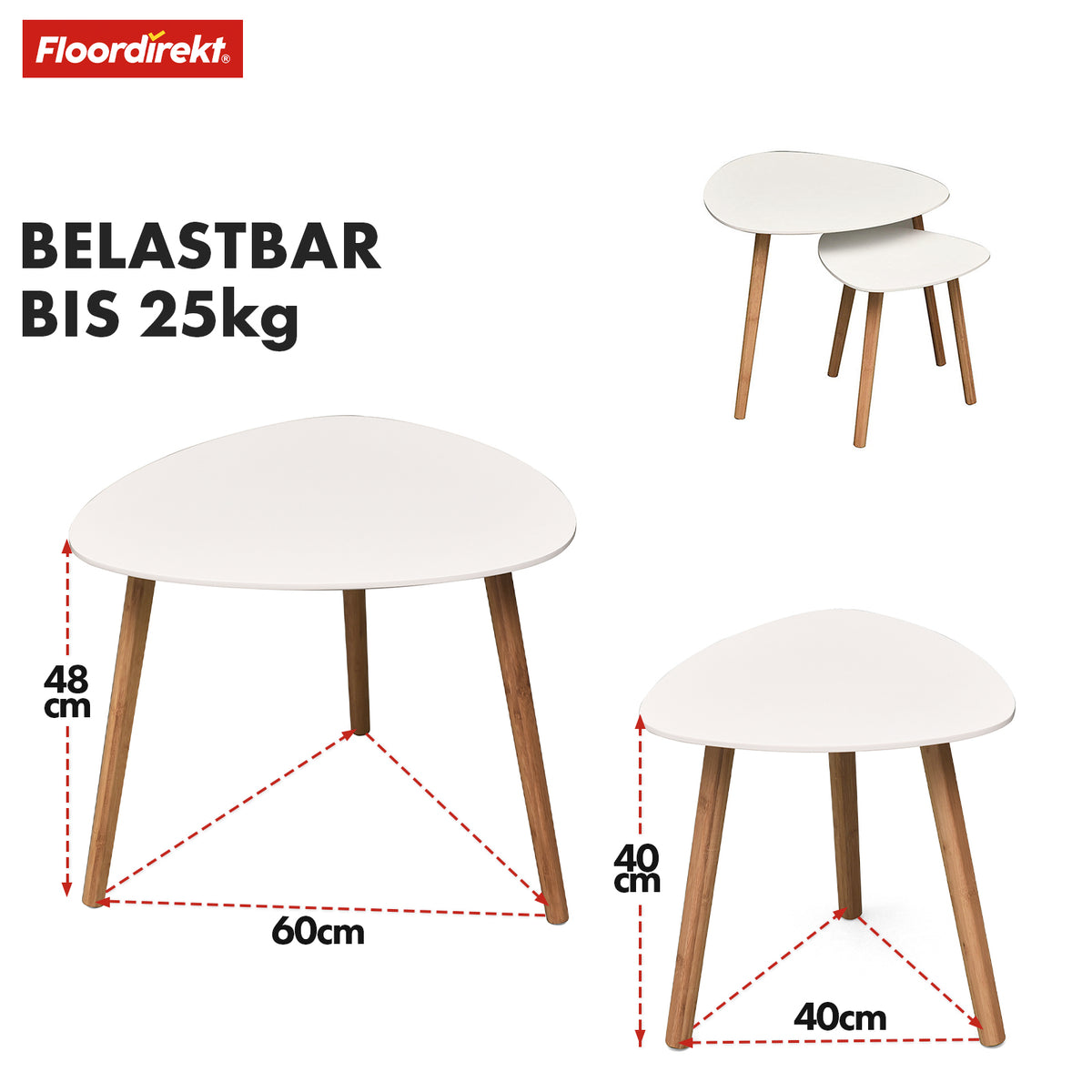 Zestaw stolików kawowych | Oregon | Zestaw 2 stolików bocznych z bambusowymi nogami i białym blatem
