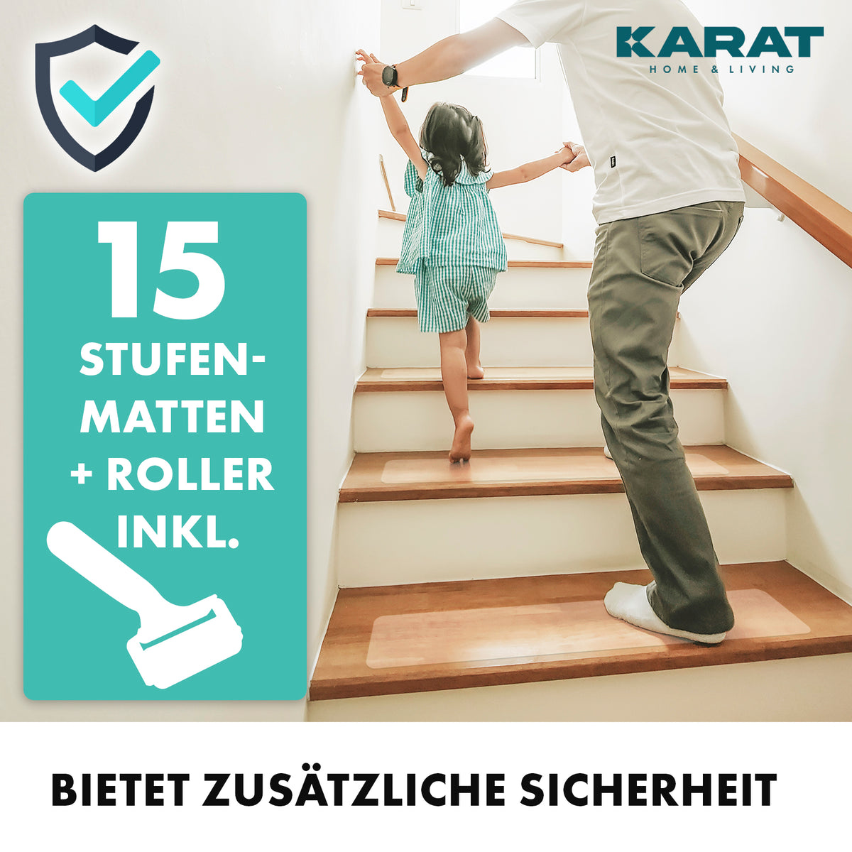 Paski antypoślizgowe do schodów | Henri | Powierzchnia teksturowana | Samoprzylepne | Zestaw 15 sztuk wraz z rolką montażową | Przezroczyste | 10 x 60 cm