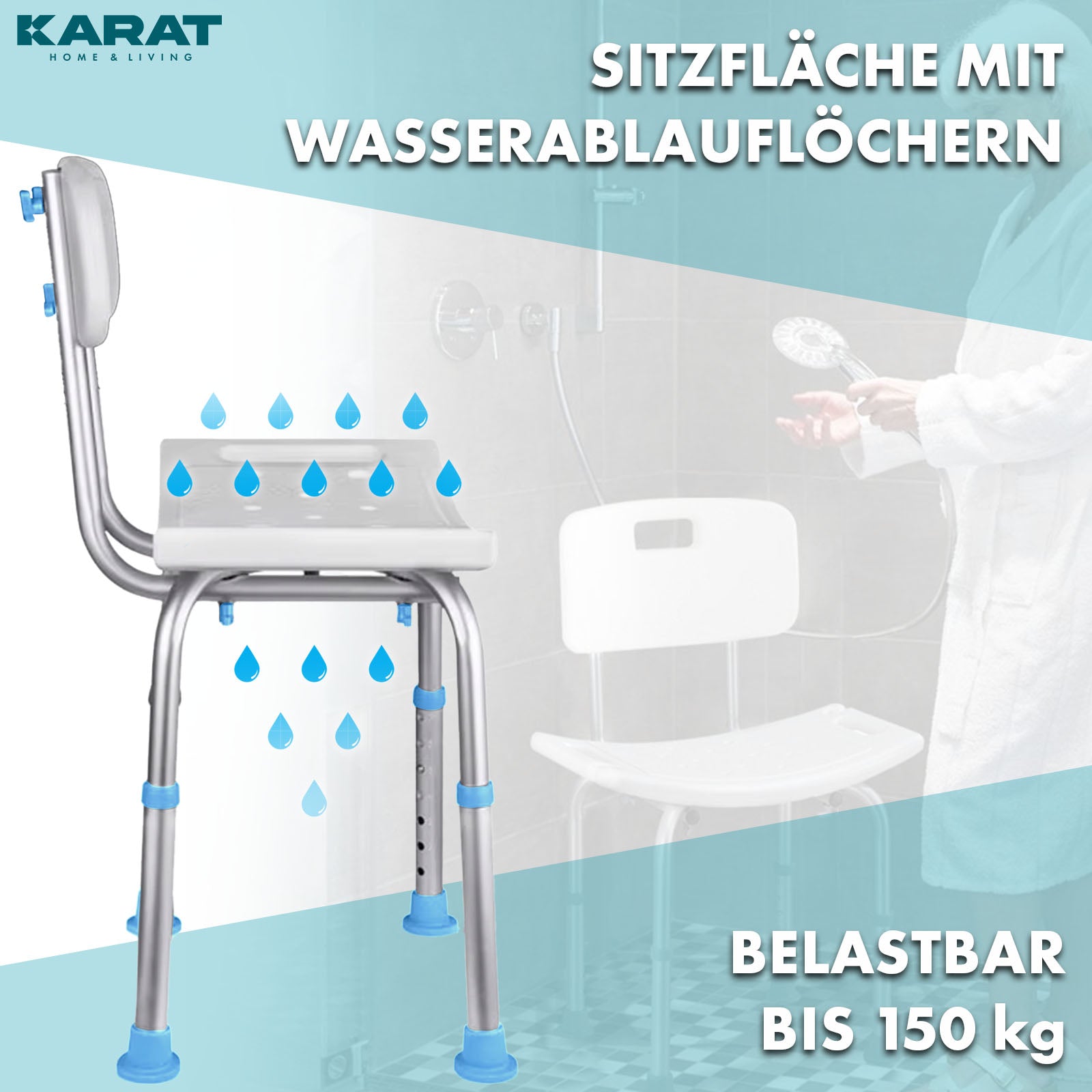 Stołek pod prysznic | Jonah | Regulowana wysokość z oparciem | Ergonomiczne krzesło do wanny i pod prysznic, antypoślizgowe i stabilne, nośność do 150 kg