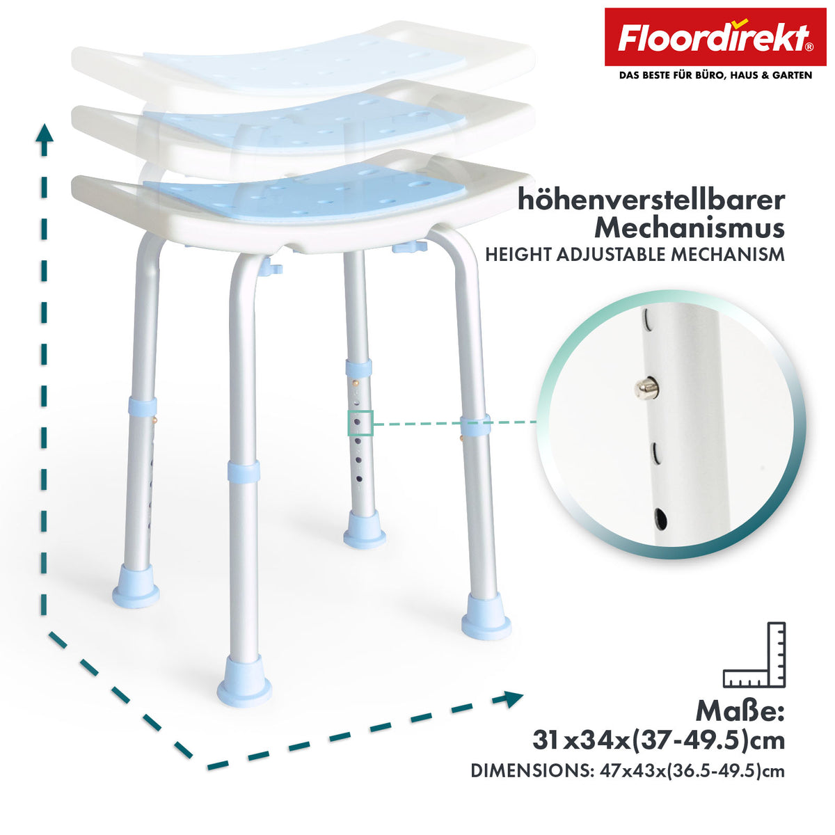 Stołek pod prysznic i do wanny | Nora | Regulowana wysokość, antypoślizgowe i trwałe siedzisko do wanny i pod prysznic