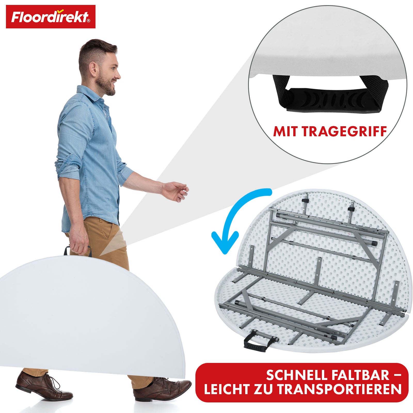 Stół składany | Shiga | Okrągły biały stół ogrodowy | Składany z uchwytem do przenoszenia | Średnica 120 cm