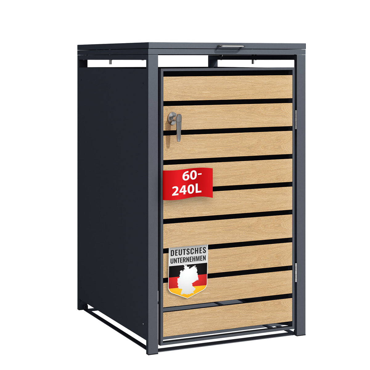 Pojemnik na odpady | Johan | Obudowa pojemnika na odpady w kolorze antracytowym z drewnianym dekorem i solidną ramą ze stali nierdzewnej | 1-3 drzwi | Pojemnik na odpady o pojemności 60-240 litrów