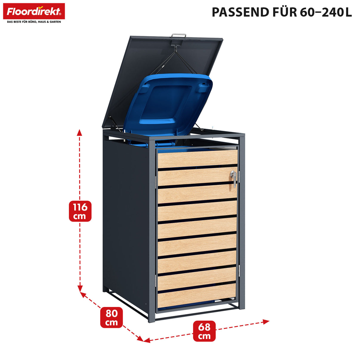 Pojemnik na odpady | Johan | Obudowa pojemnika na odpady w kolorze antracytowym z drewnianym dekorem i solidną ramą ze stali nierdzewnej | 1-3 drzwi | Pojemnik na odpady o pojemności 60-240 litrów