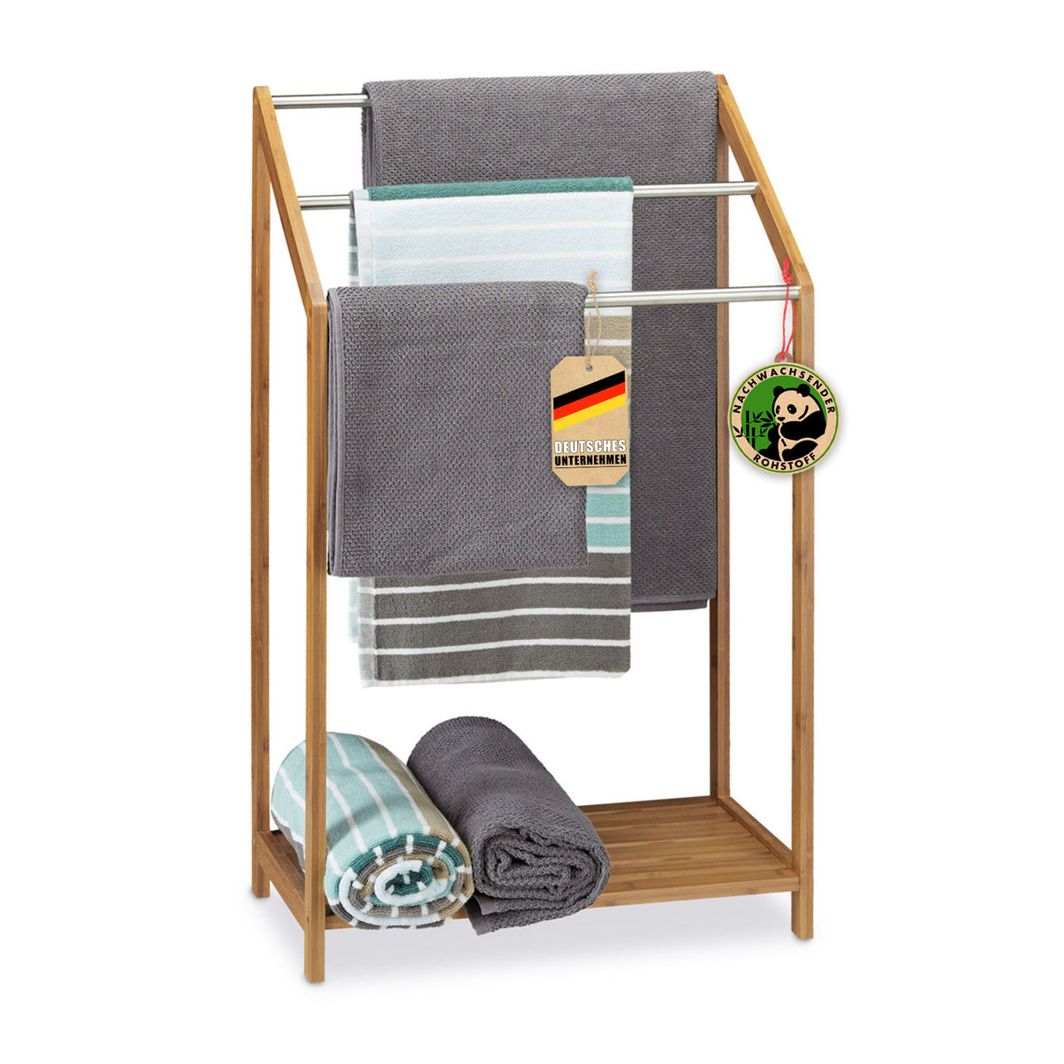 Bambusowy wieszak na ręczniki | Illinois | Wieszak na ręczniki z prętami ze stali nierdzewnej i praktyczną powierzchnią do przechowywania