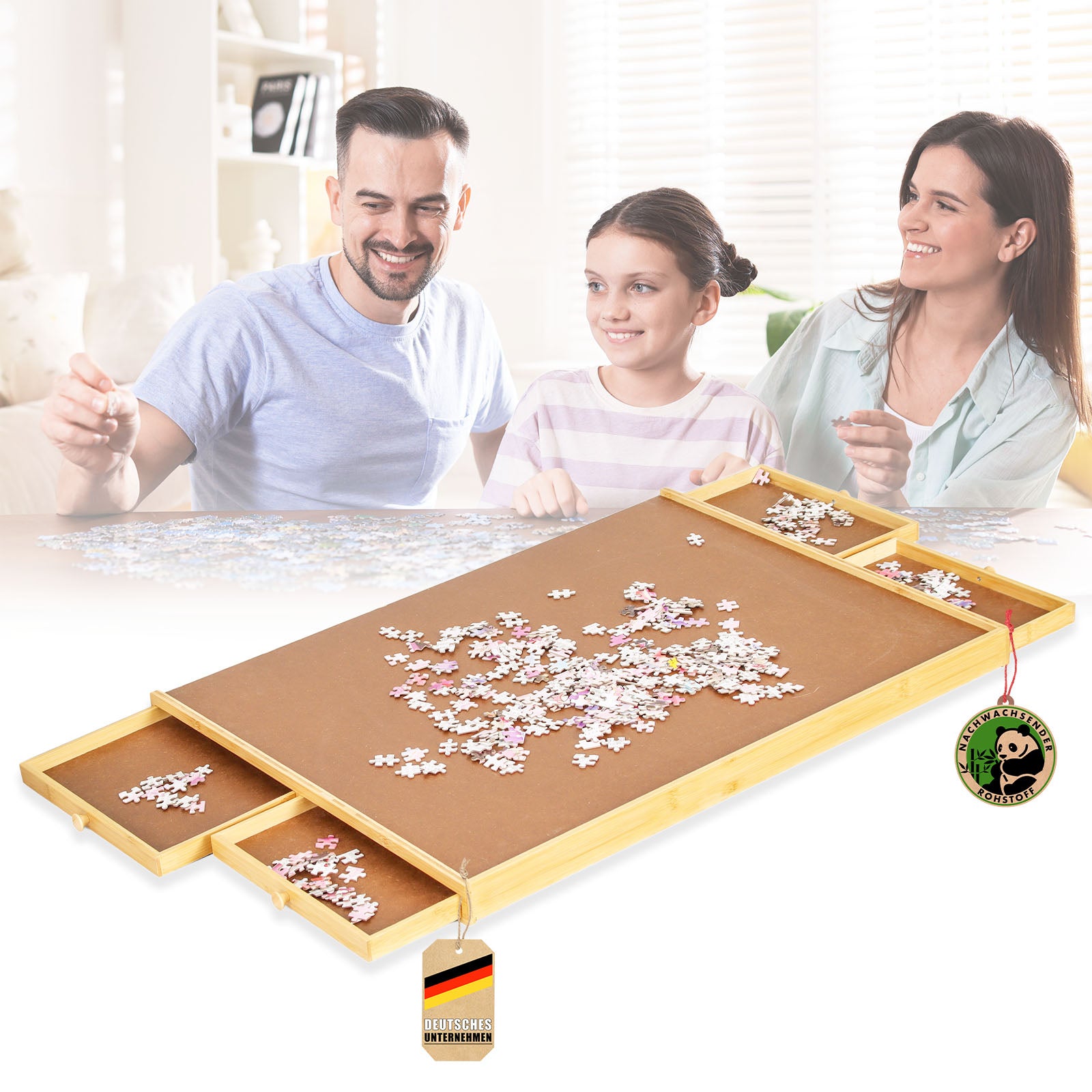 Stolik do puzzli | Yukon | Kompaktowa podstawa do puzzli z szufladami wykonana z bambusa i MDF | Do 1000 elementów