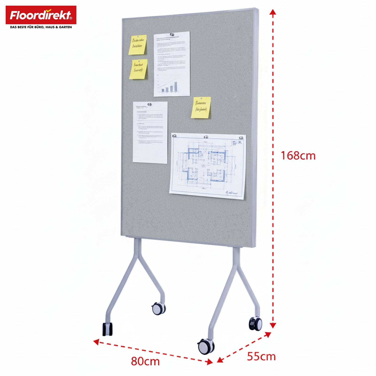 Mobilna tablica prezentacyjna | Giant | Dwustronna tablica filcowa 80 x 120 cm z blokowanymi kółkami i półką | Dostępna w kilku kolorach