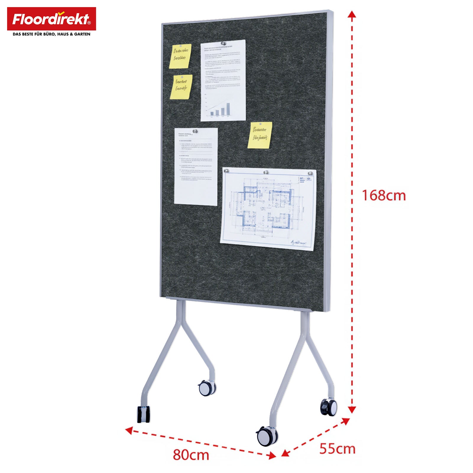 Mobilna tablica prezentacyjna | Giant | Dwustronna tablica filcowa 80 x 120 cm z blokowanymi kółkami i półką | Dostępna w kilku kolorach