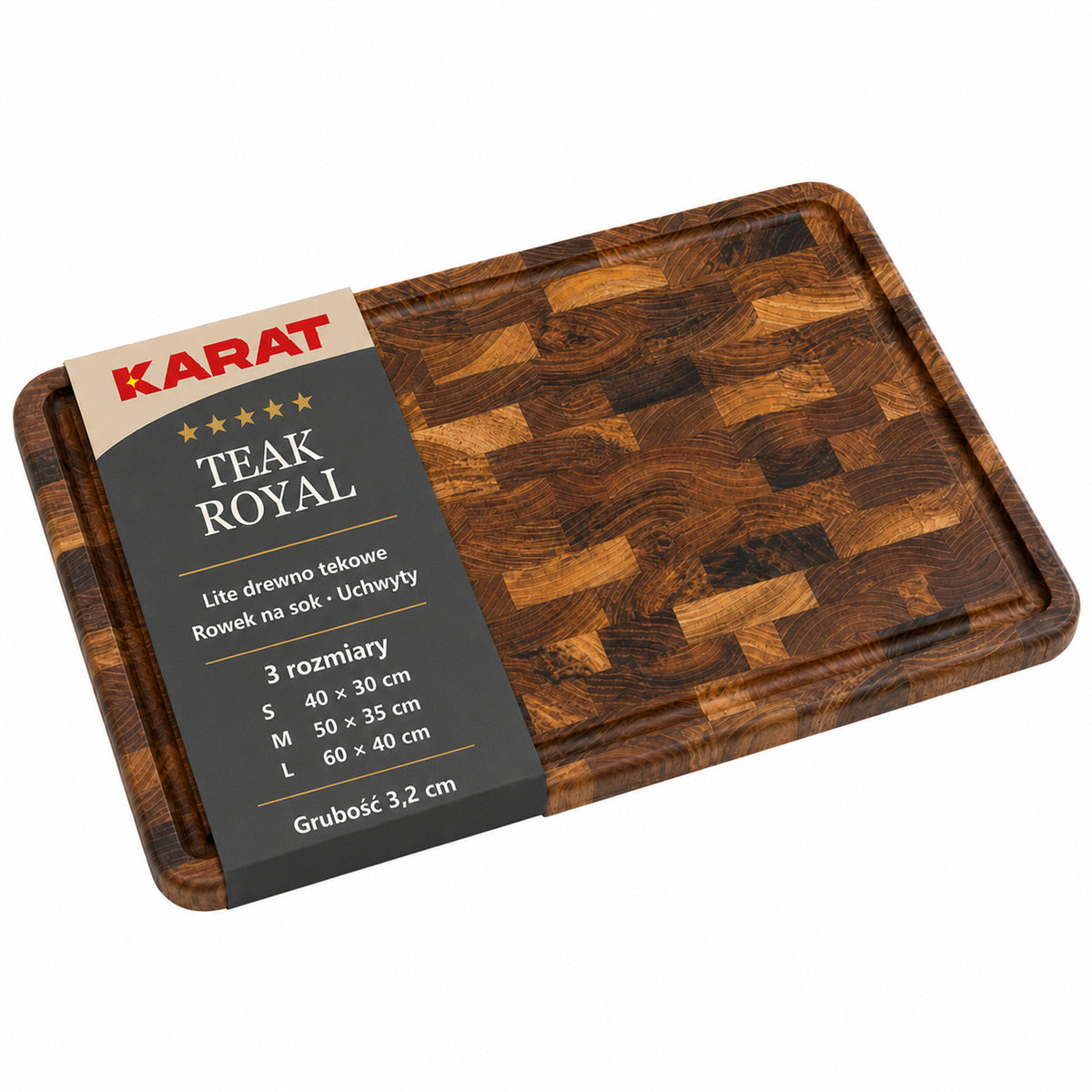 Deska do krojenia | Teak Royal Endgrain | Lite drewno tekowe z rowkiem na soki & uchwytami | 3 rozmiary