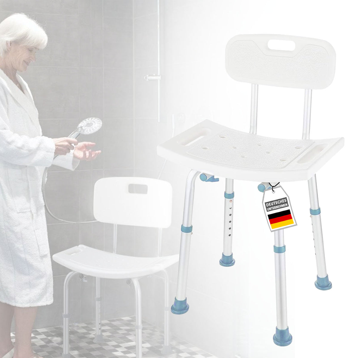 Stołek pod prysznic | Jonah | Regulowana wysokość z oparciem | Ergonomiczne krzesło do wanny i pod prysznic, antypoślizgowe i stabilne, nośność do 150 kg