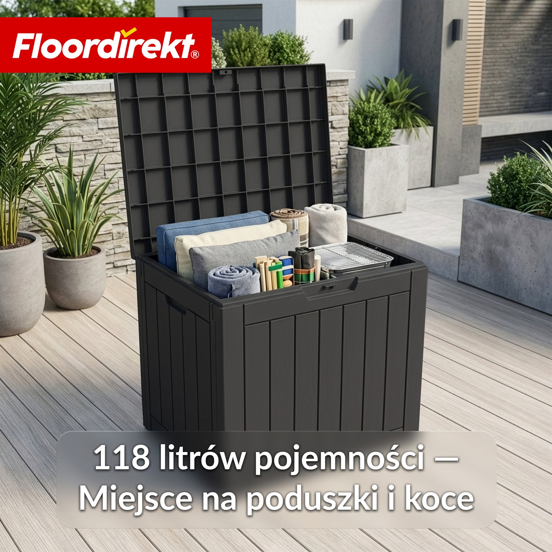 Skrzynia ogrodowa w wyglądzie drewna | Wodoodporna skrzynia na poduszki na taras i balkon | 118L / 270L / 300L