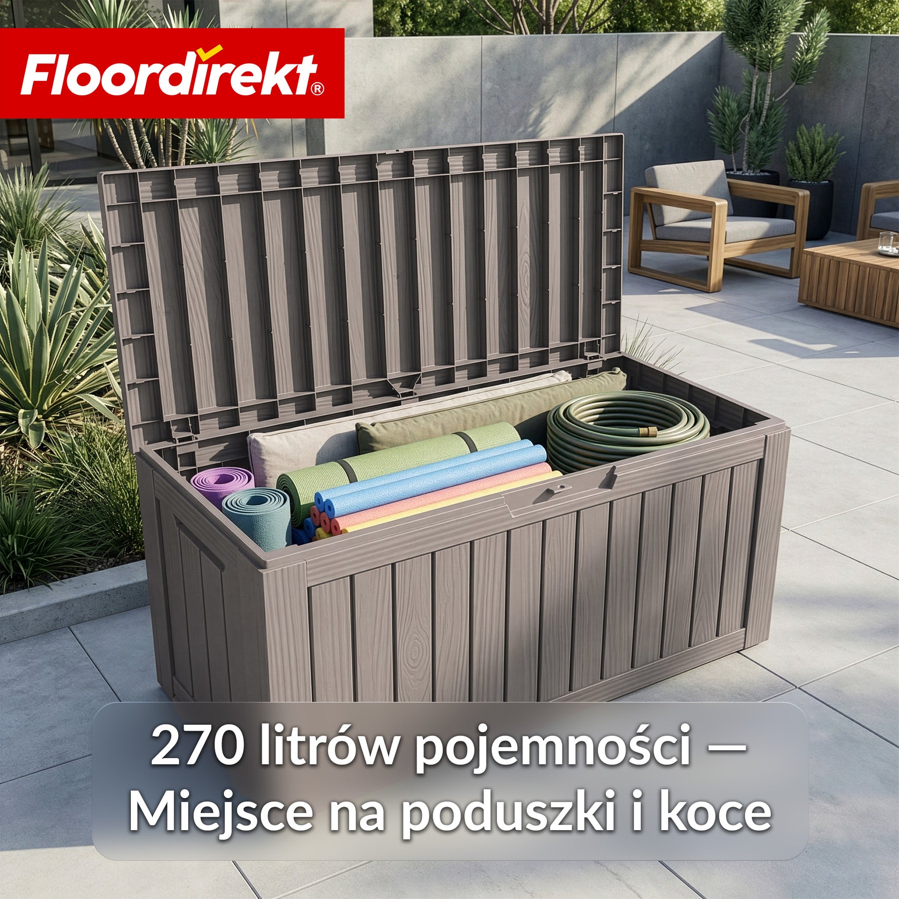 Skrzynia ogrodowa w wyglądzie drewna | Wodoodporna skrzynia na poduszki na taras i balkon | 118L / 270L / 300L