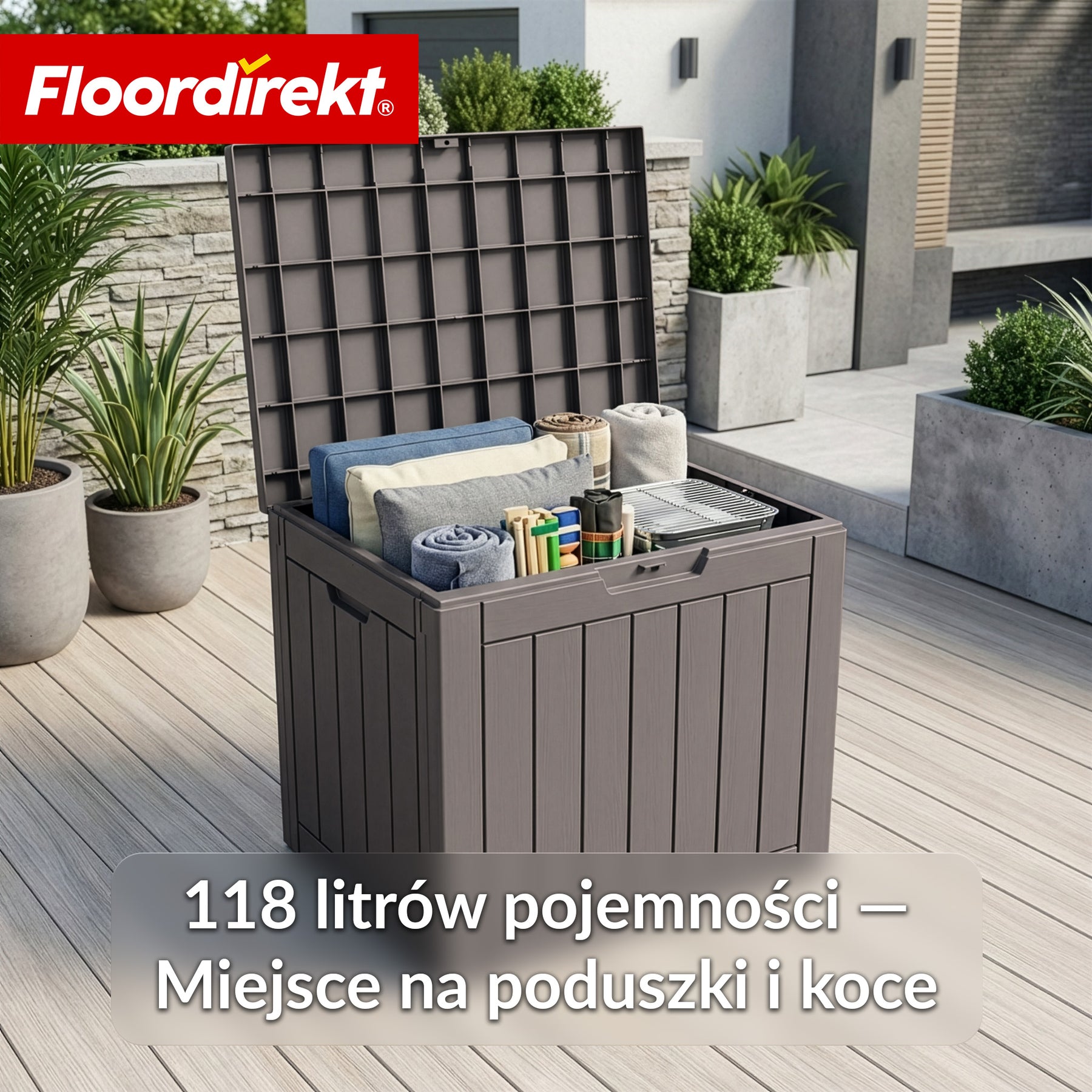 Skrzynia ogrodowa w wyglądzie drewna | Wodoodporna skrzynia na poduszki na taras i balkon | 118L / 270L / 300L