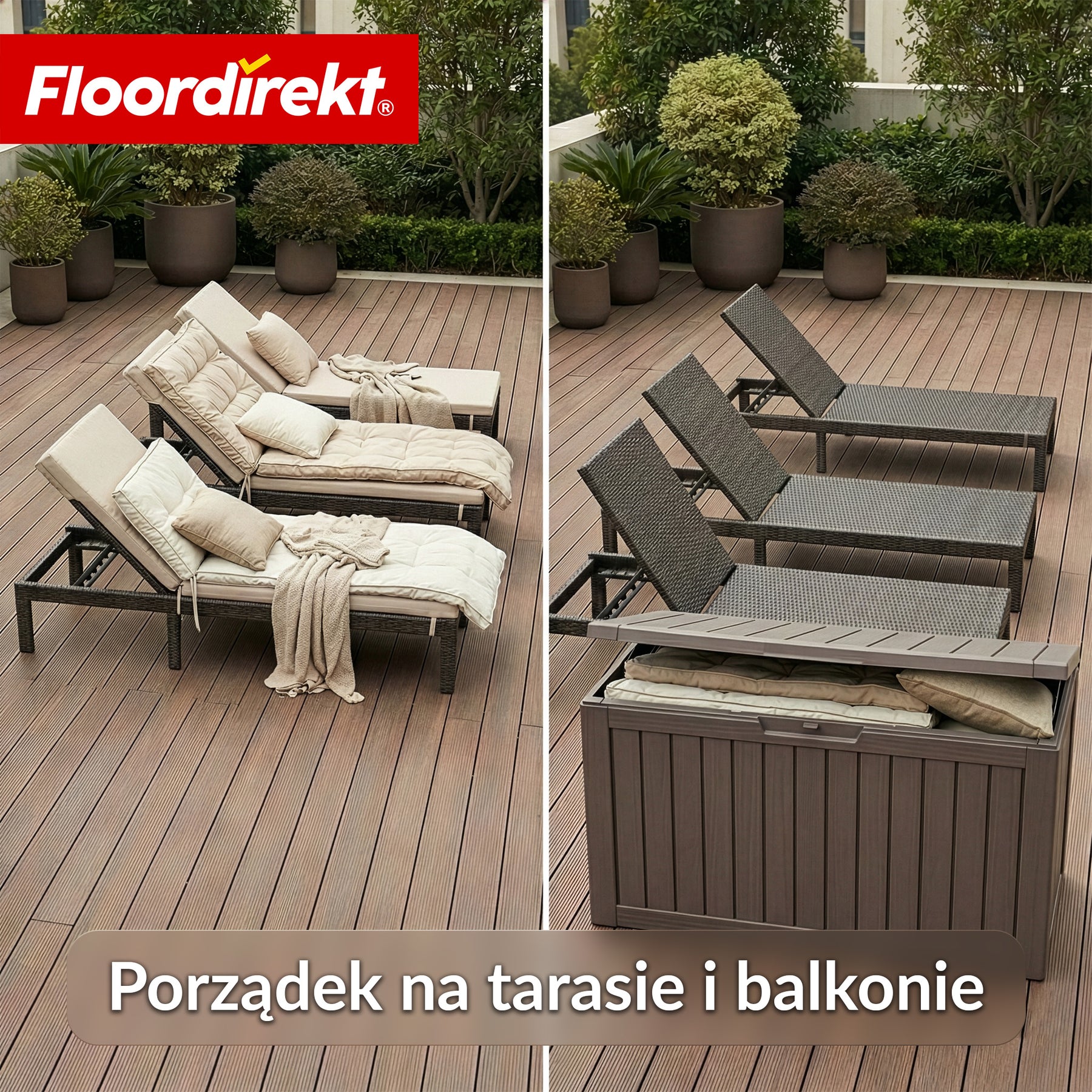 Skrzynia ogrodowa w wyglądzie drewna | Wodoodporna skrzynia na poduszki na taras i balkon | 118L / 270L / 300L