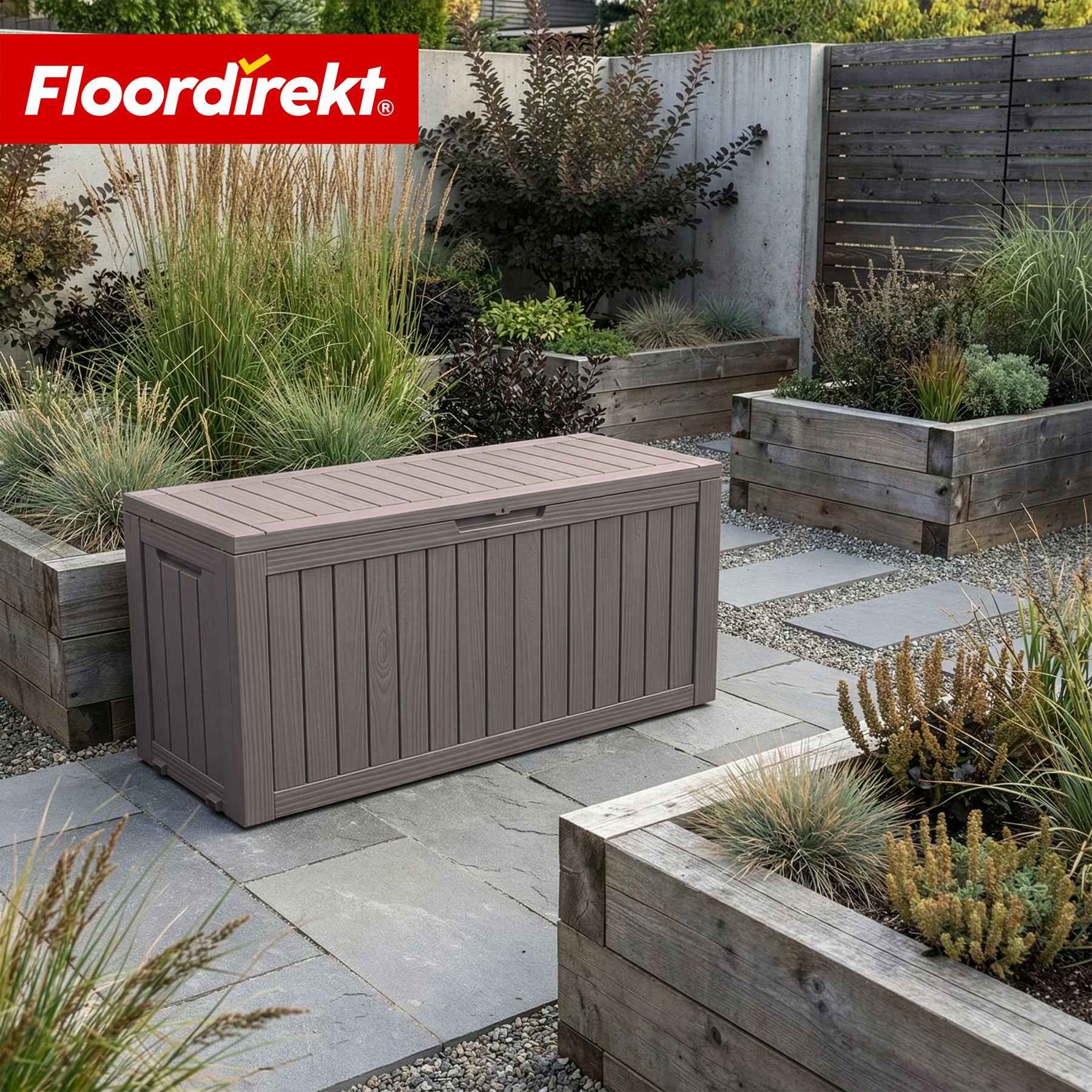 Skrzynia ogrodowa w wyglądzie drewna | Wodoodporna skrzynia na poduszki na taras i balkon | 118L / 270L / 300L