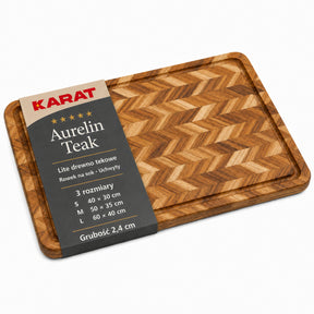 Deska do krojenia | Aurelin Teak Herringbone | Lite drewno tekowe z rowkiem na soki & uchwytami | 3 rozmiary