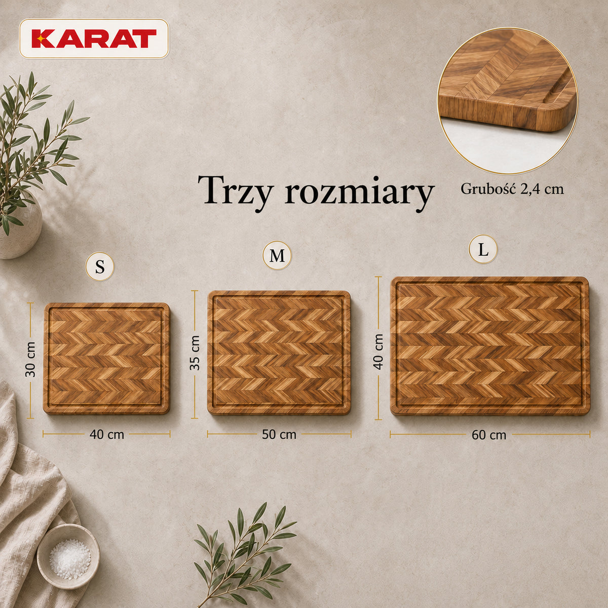 Deska do krojenia | Aurelin Teak Herringbone | Lite drewno tekowe z rowkiem na soki & uchwytami | 3 rozmiary