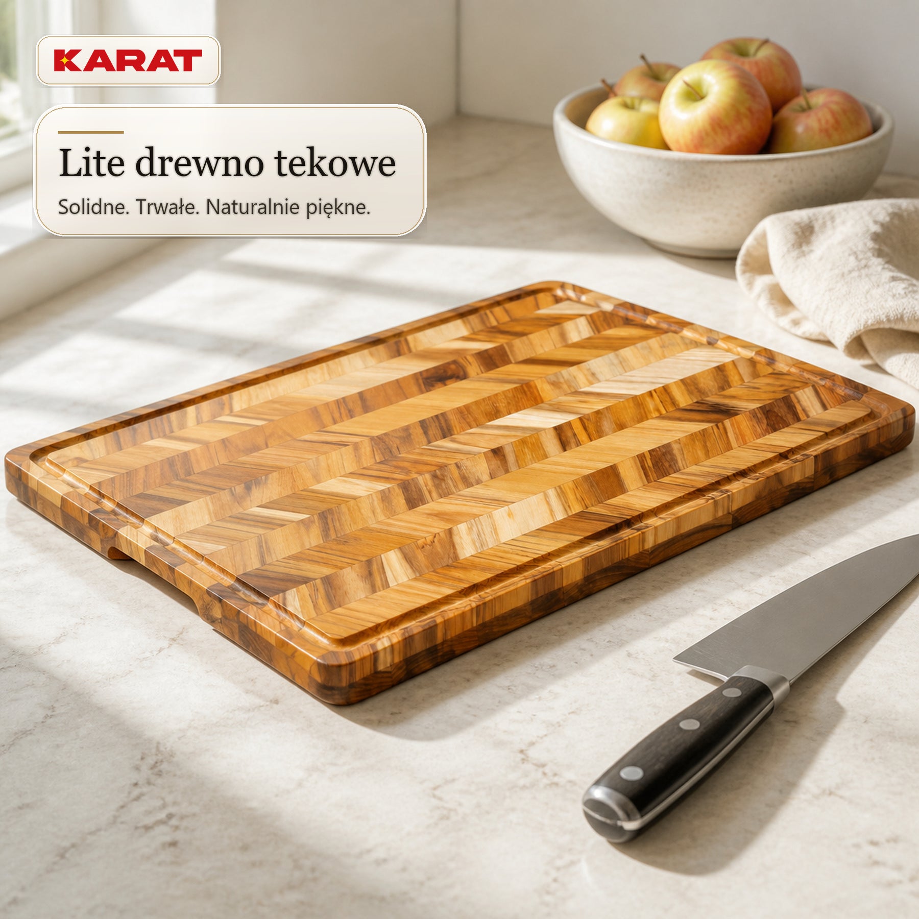 Deska do krojenia | Aurelin Teak Herringbone | Lite drewno tekowe z rowkiem na soki & uchwytami | 3 rozmiary