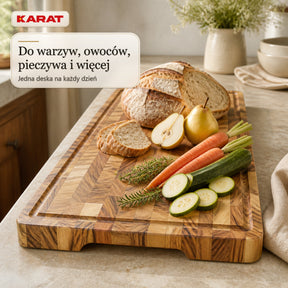 Deska do krojenia | Aurelin Teak Herringbone | Lite drewno tekowe z rowkiem na soki & uchwytami | 3 rozmiary
