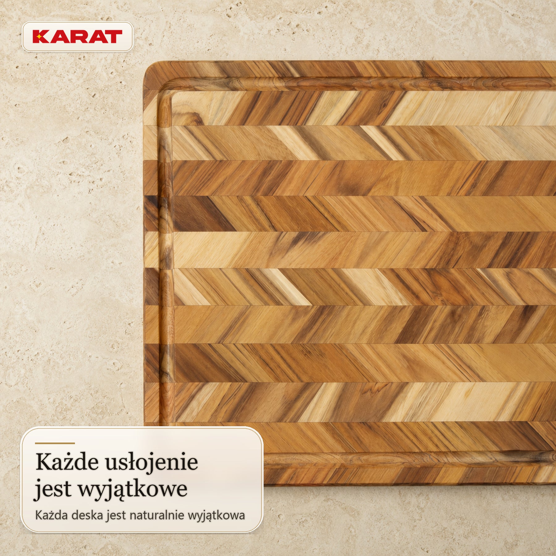 Deska do krojenia | Aurelin Teak Herringbone | Lite drewno tekowe z rowkiem na soki & uchwytami | 3 rozmiary