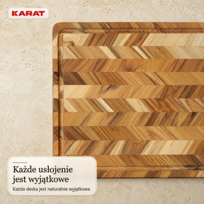 Deska do krojenia | Aurelin Teak Herringbone | Lite drewno tekowe z rowkiem na soki & uchwytami | 3 rozmiary