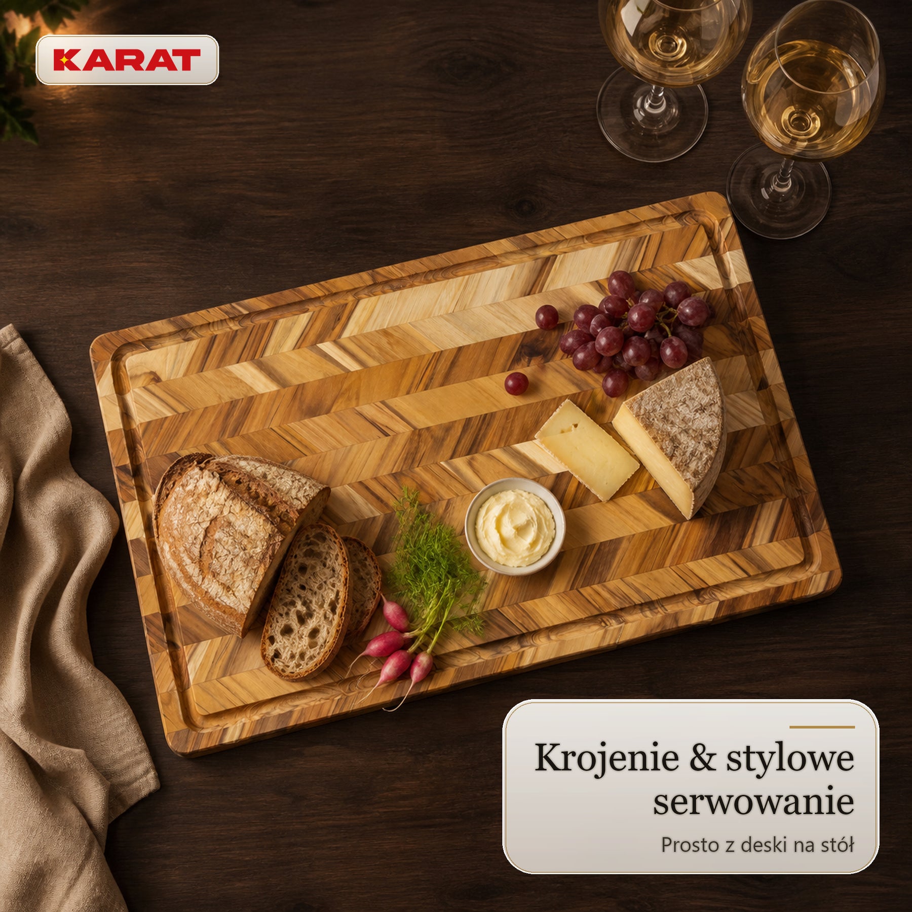 Deska do krojenia | Aurelin Teak Herringbone | Lite drewno tekowe z rowkiem na soki & uchwytami | 3 rozmiary