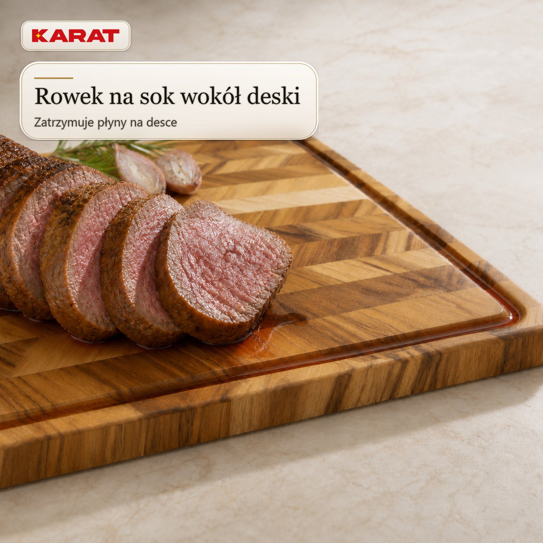 Deska do krojenia | Aurelin Teak Herringbone | Lite drewno tekowe z rowkiem na soki & uchwytami | 3 rozmiary