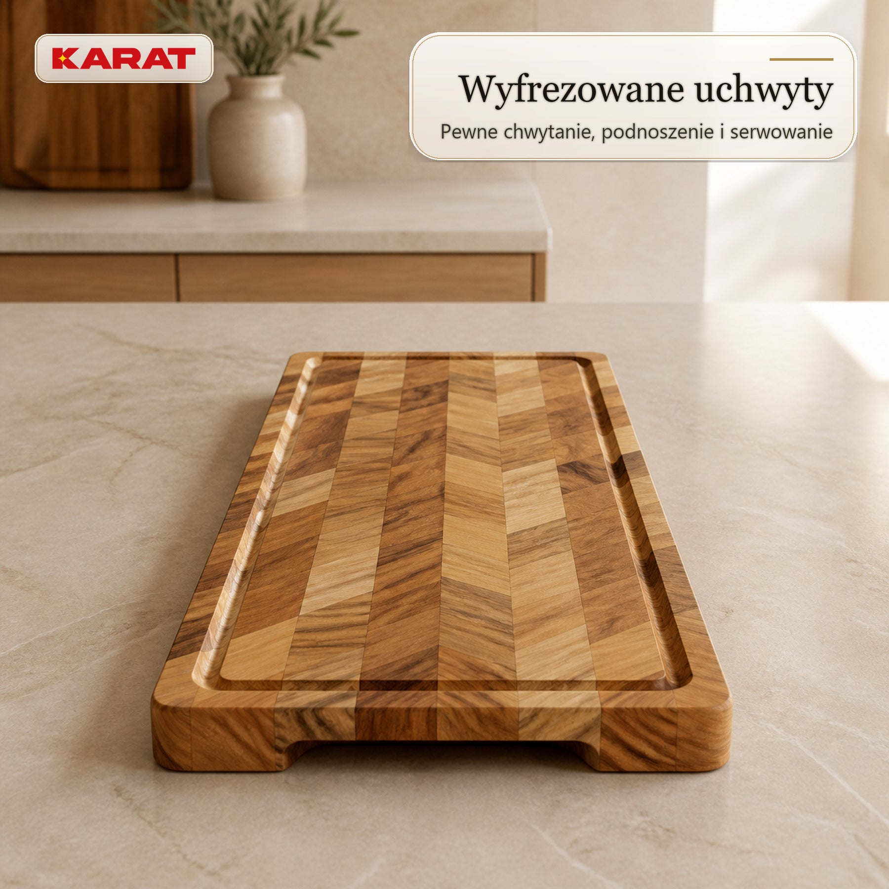 Deska do krojenia | Aurelin Teak Herringbone | Lite drewno tekowe z rowkiem na soki & uchwytami | 3 rozmiary