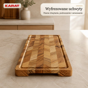 Deska do krojenia | Aurelin Teak Herringbone | Lite drewno tekowe z rowkiem na soki & uchwytami | 3 rozmiary