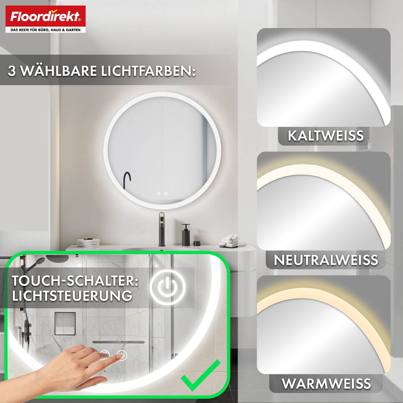 Lustro łazienkowe z oświetleniem LED | Liora | Obsługa dotykowa z funkcją przeciwmgielną i 3 kolorami światła do wyboru | Dostępne w różnych rozmiarach