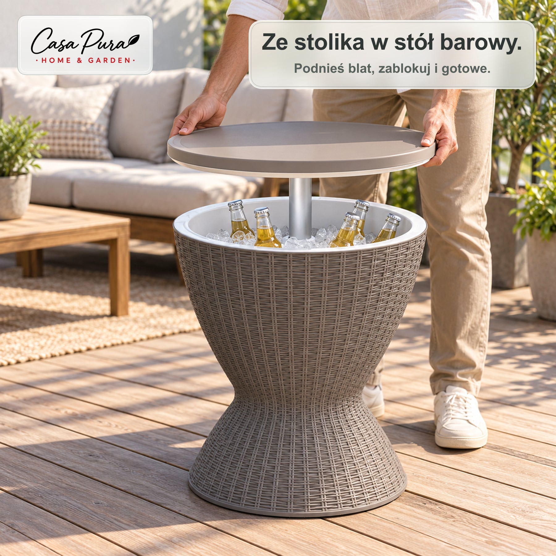 Stolik z chłodziarką na napoje | Capri | Regulowany stolik ogrodowy z pojemnikiem 30 l i wyglądem rattanu | 2 kolory