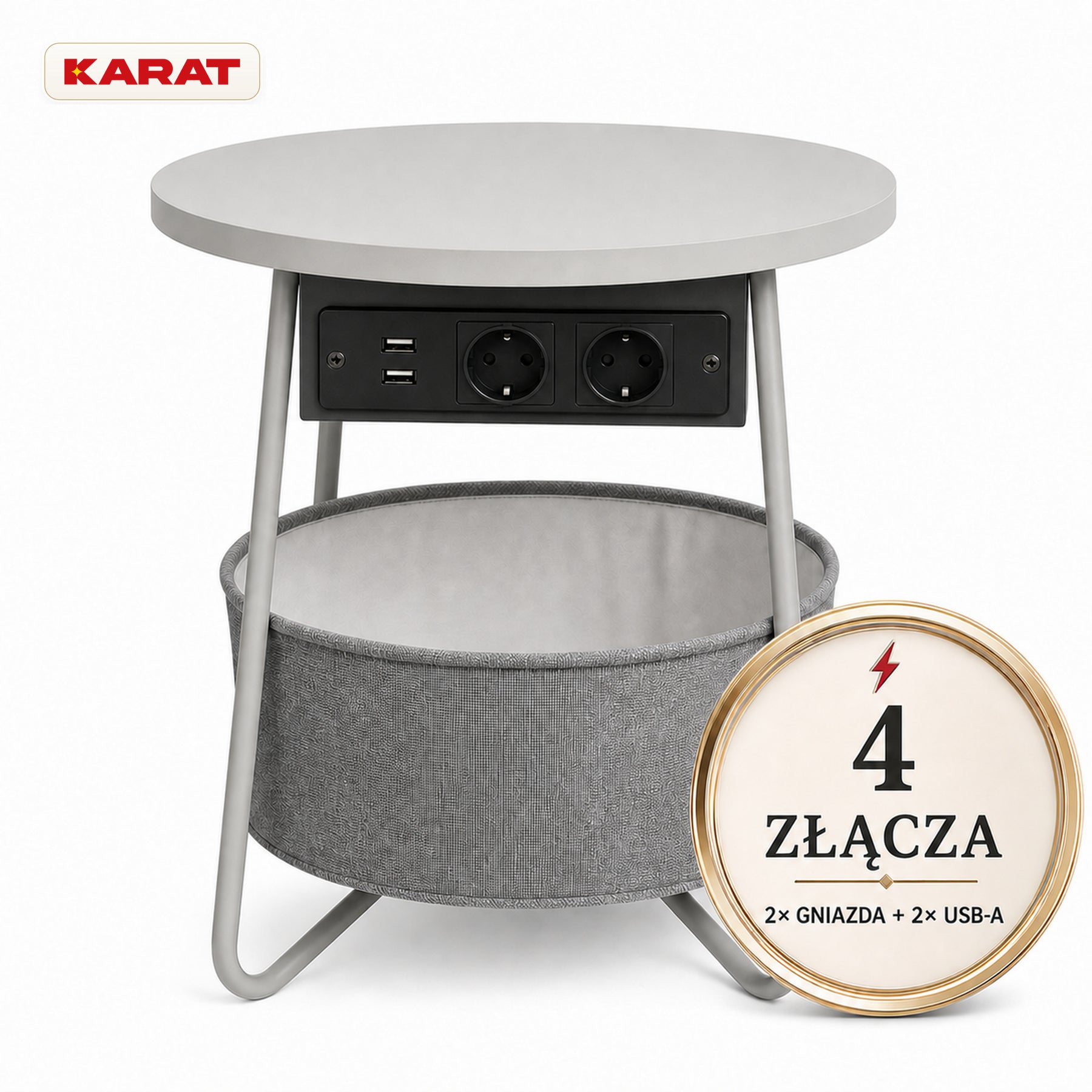 Stolik boczny | Dario | Okrągły stolik z 2 gniazdkami, 2 USB-A i koszem do przechowywania | Ø 45 cm | 4 kolory