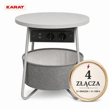 Stolik boczny | Dario | Okrągły stolik z 2 gniazdkami, 2 USB-A i koszem do przechowywania | Ø 45 cm | 4 kolory