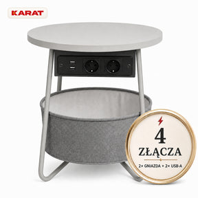 Stolik boczny | Dario | Okrągły stolik z 2 gniazdkami, 2 USB-A i koszem do przechowywania | Ø 45 cm | 4 kolory
