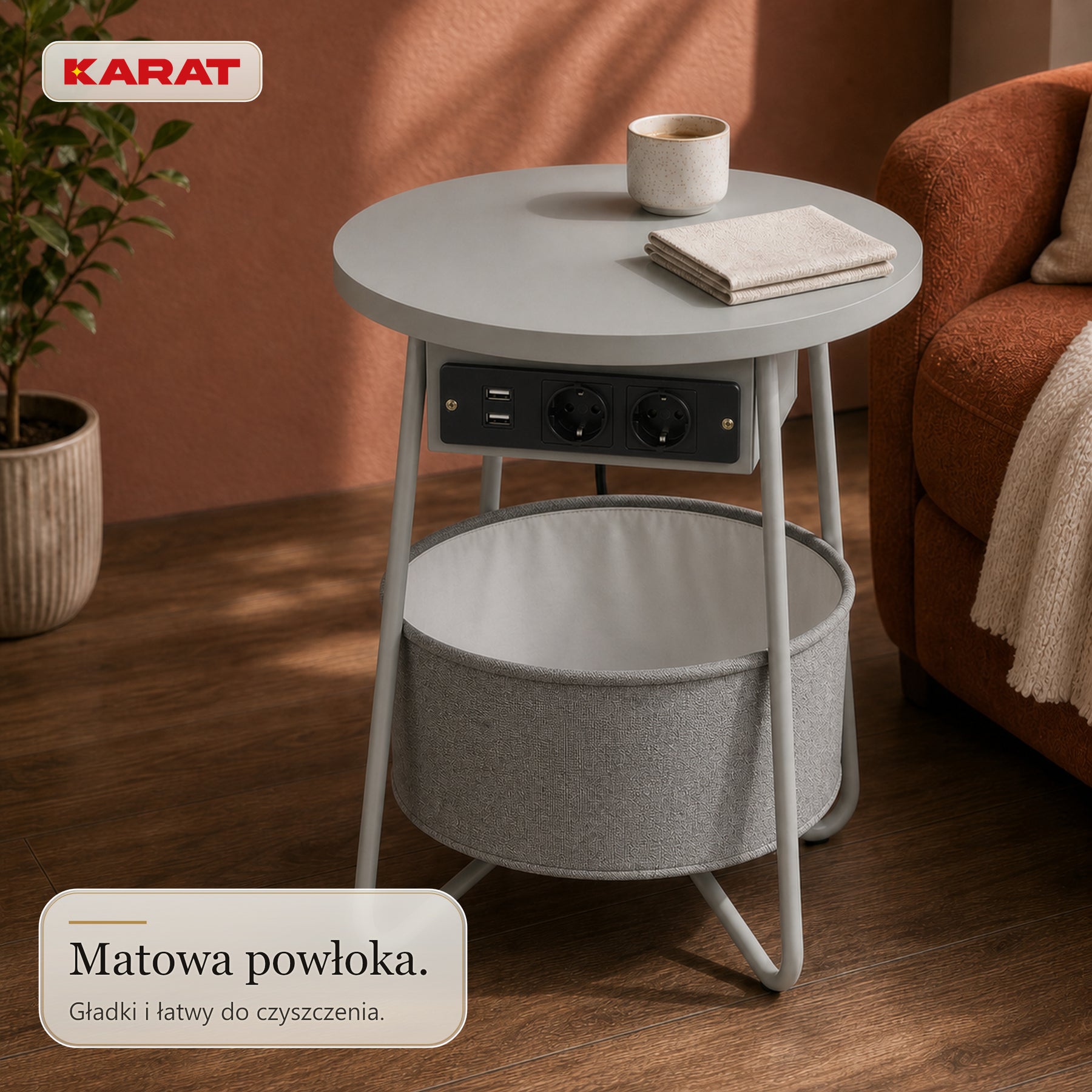 Stolik boczny | Dario | Okrągły stolik z 2 gniazdkami, 2 USB-A i koszem do przechowywania | Ø 45 cm | 4 kolory