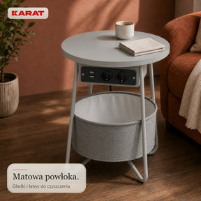 Stolik boczny | Dario | Okrągły stolik z 2 gniazdkami, 2 USB-A i koszem do przechowywania | Ø 45 cm | 4 kolory
