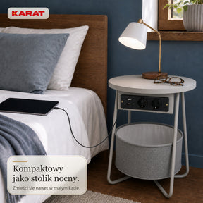 Stolik boczny | Dario | Okrągły stolik z 2 gniazdkami, 2 USB-A i koszem do przechowywania | Ø 45 cm | 4 kolory