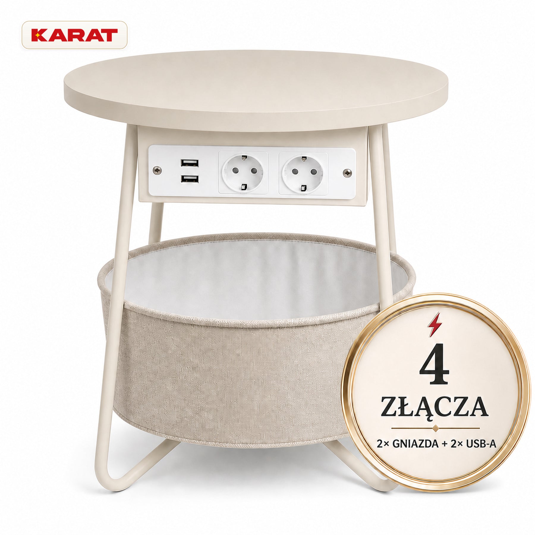 Stolik boczny | Dario | Okrągły stolik z 2 gniazdkami, 2 USB-A i koszem do przechowywania | Ø 45 cm | 4 kolory