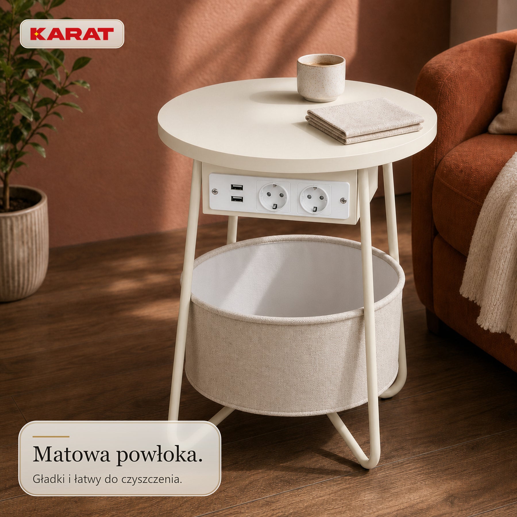 Stolik boczny | Dario | Okrągły stolik z 2 gniazdkami, 2 USB-A i koszem do przechowywania | Ø 45 cm | 4 kolory