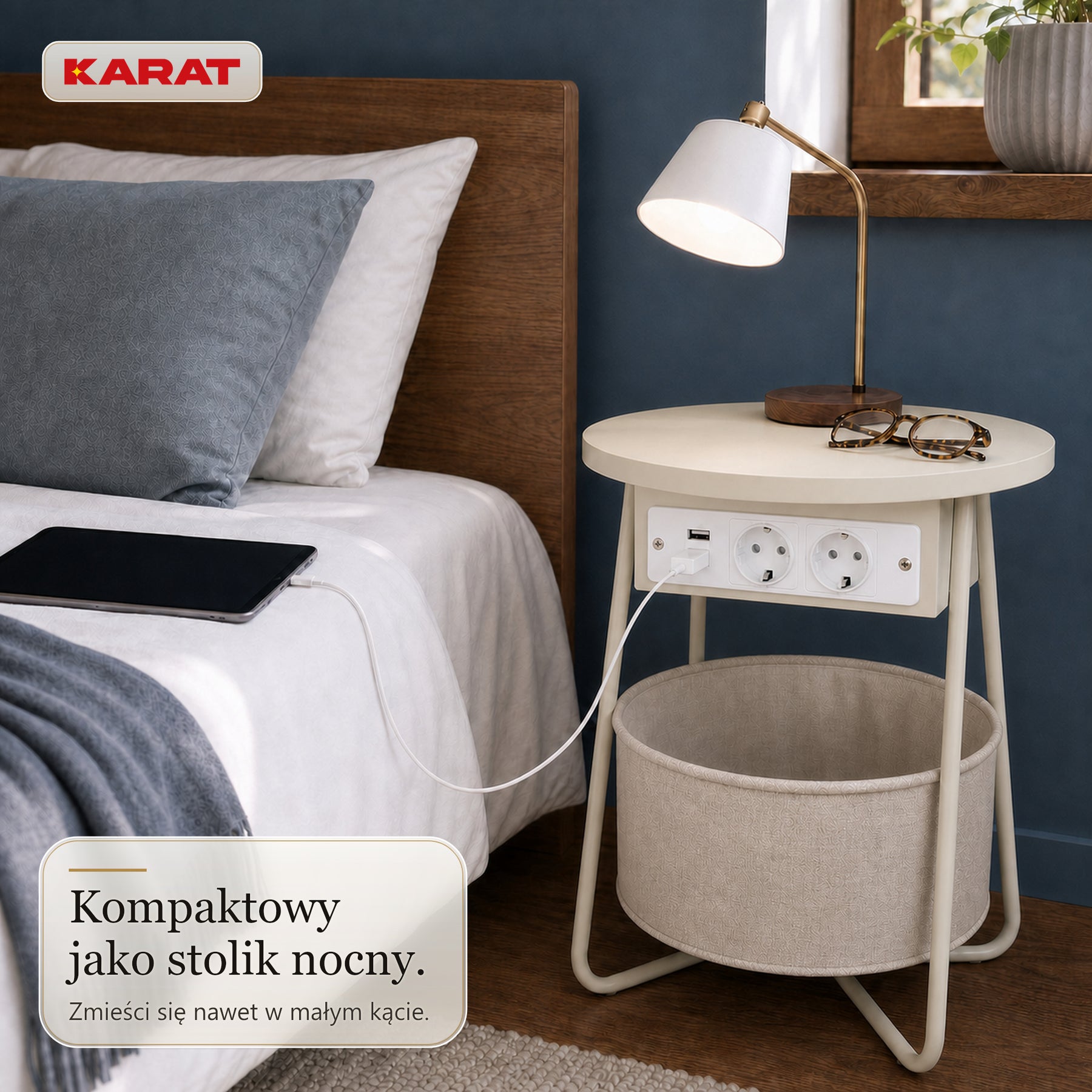 Stolik boczny | Dario | Okrągły stolik z 2 gniazdkami, 2 USB-A i koszem do przechowywania | Ø 45 cm | 4 kolory