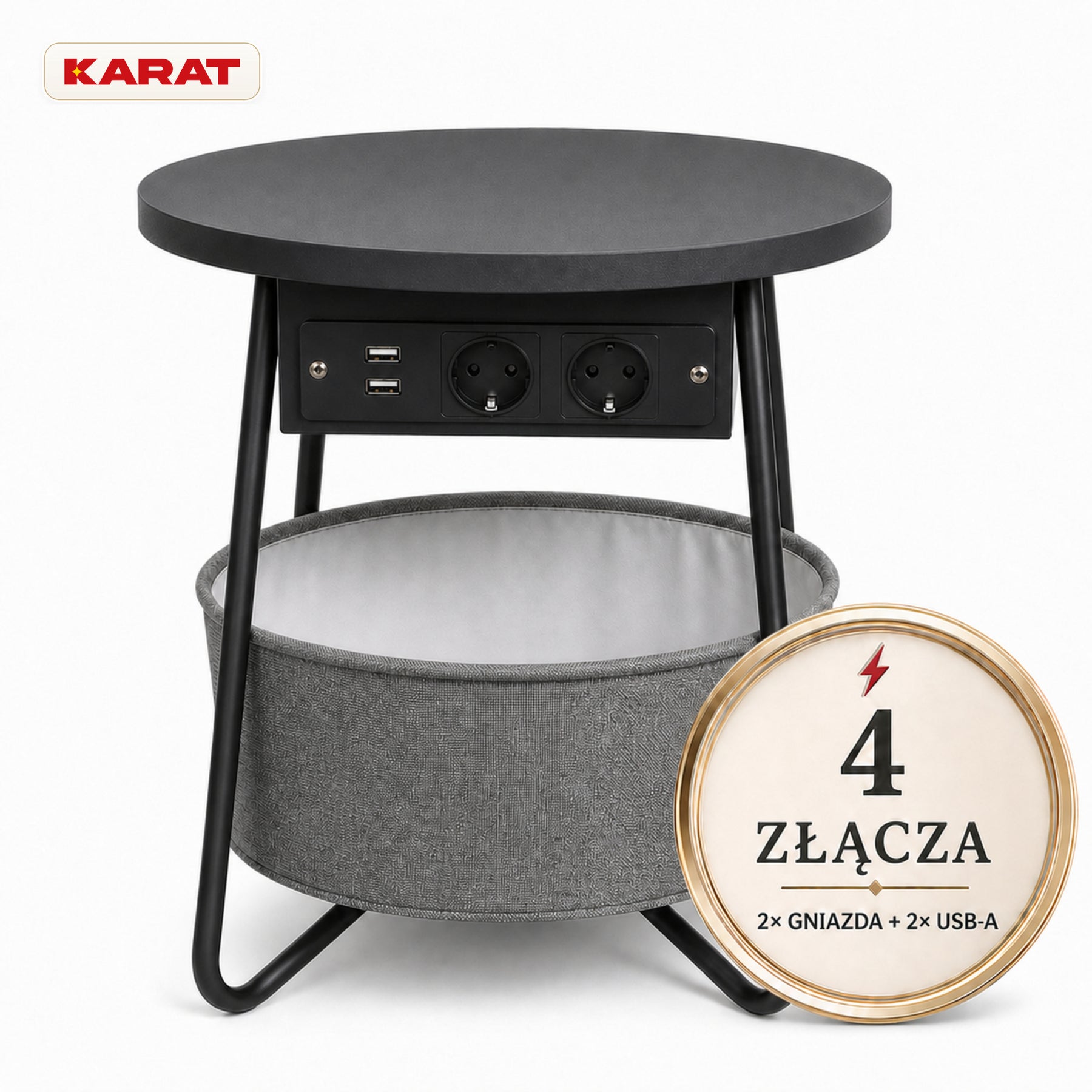Stolik boczny | Dario | Okrągły stolik z 2 gniazdkami, 2 USB-A i koszem do przechowywania | Ø 45 cm | 4 kolory