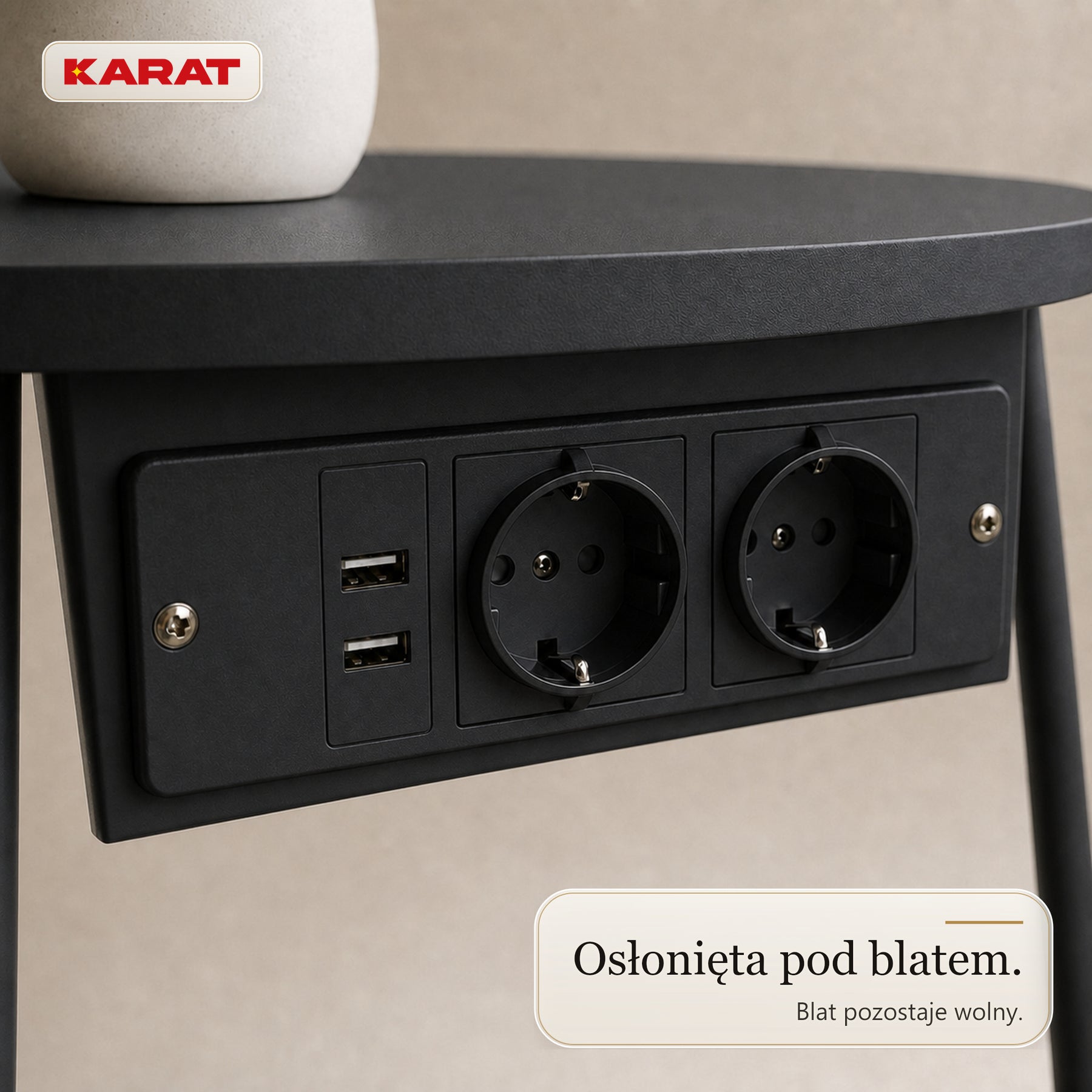 Stolik boczny | Dario | Okrągły stolik z 2 gniazdkami, 2 USB-A i koszem do przechowywania | Ø 45 cm | 4 kolory