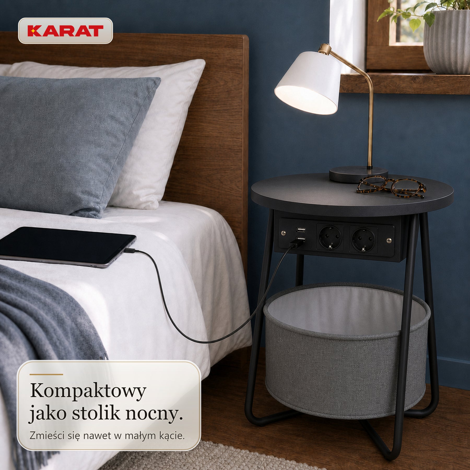 Stolik boczny | Dario | Okrągły stolik z 2 gniazdkami, 2 USB-A i koszem do przechowywania | Ø 45 cm | 4 kolory