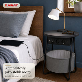 Stolik boczny | Dario | Okrągły stolik z 2 gniazdkami, 2 USB-A i koszem do przechowywania | Ø 45 cm | 4 kolory