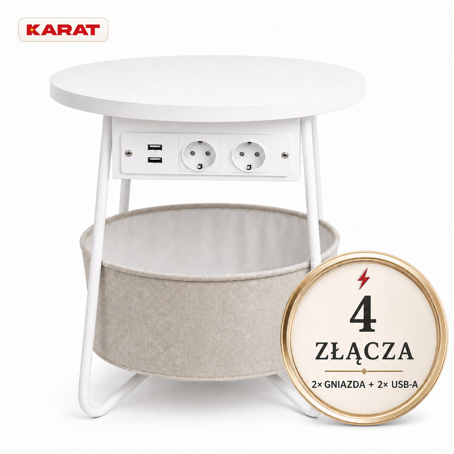 Stolik boczny | Dario | Okrągły stolik z 2 gniazdkami, 2 USB-A i koszem do przechowywania | Ø 45 cm | 4 kolory